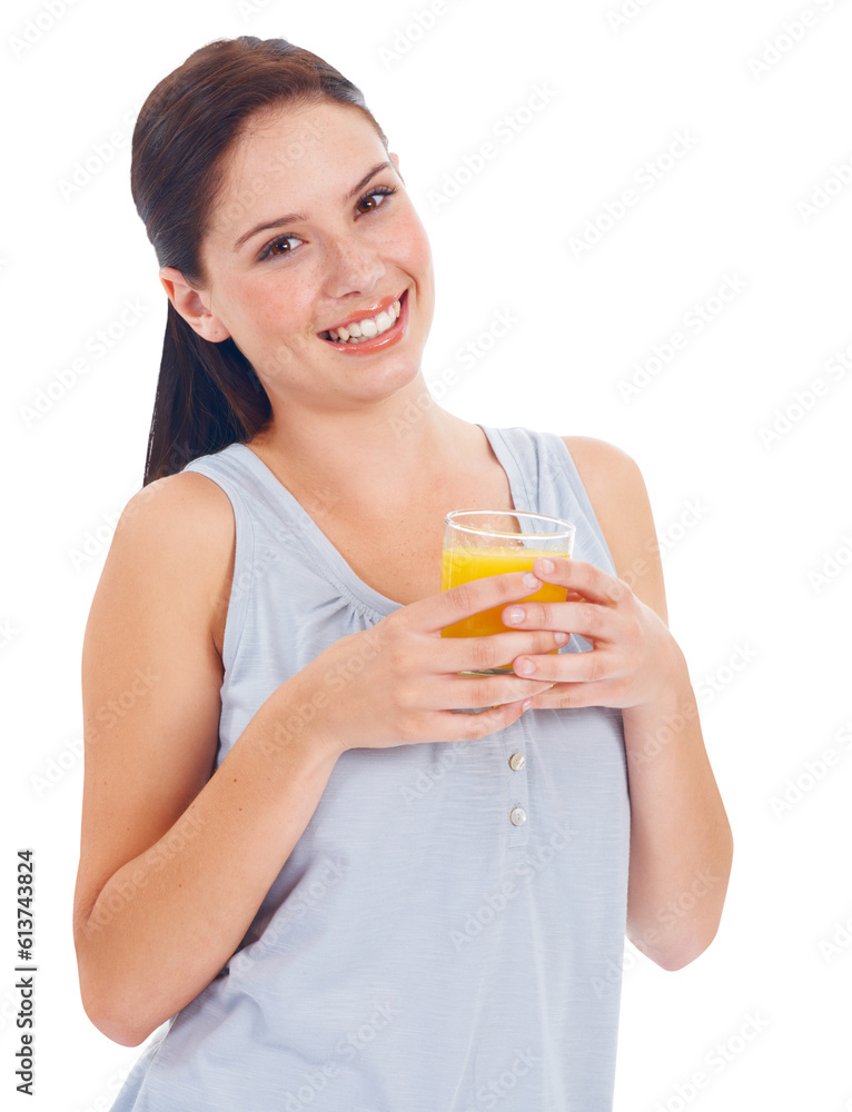 Happy woman, portrait and orange juice for vitamin C or diet isolated on a transparent PNG background. Healthy female person smiling with glass of drink for natural citrus fruit beverage or nutrition Happy woman, portrait and orange juice for vitamin C or diet isolated on a transparent PNG background. Healthy female person smiling with glass of drink for natural citrus fruit beverage or nutrition