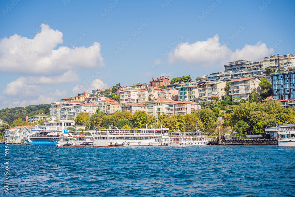 Muslim architecture and water transport in Turkey - Beautiful View touristic landmarks from sea voyage on Bosphorus