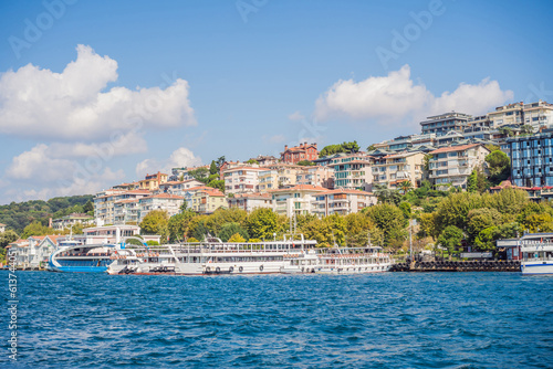 Muslim architecture and water transport in Turkey - Beautiful View touristic landmarks from sea voyage on Bosphorus