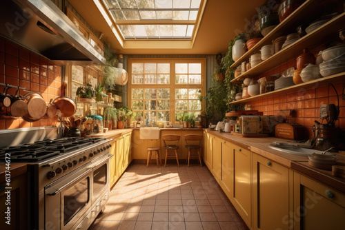 Classic old vintage interior kitchen room with minimal cozy tone style, decorate with counter table. chairs and warm tone background, with Generative Ai. © TANATPON