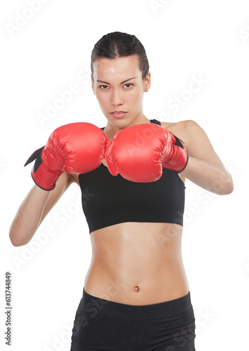 Training, portrait and woman with gloves for boxing in png or isolated and transparent background. Exercise, female boxer and fist fight with champion and energy with courage in in battle challenge. © Harsh Shrikant/peopleimages.com