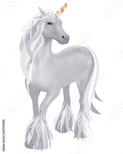 3D Unicorn with Rainbow horn  Black Eyes with silver long mane Isolated Cute Cartoon Character of magical Horse Illustration design elements apply for Children products