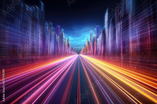 Vászonkép Speed light trails path through smart modern mega city and skyscrapers town with neon futuristic technology background, future virtual reality, motion effect, high speed light, with Generative Ai