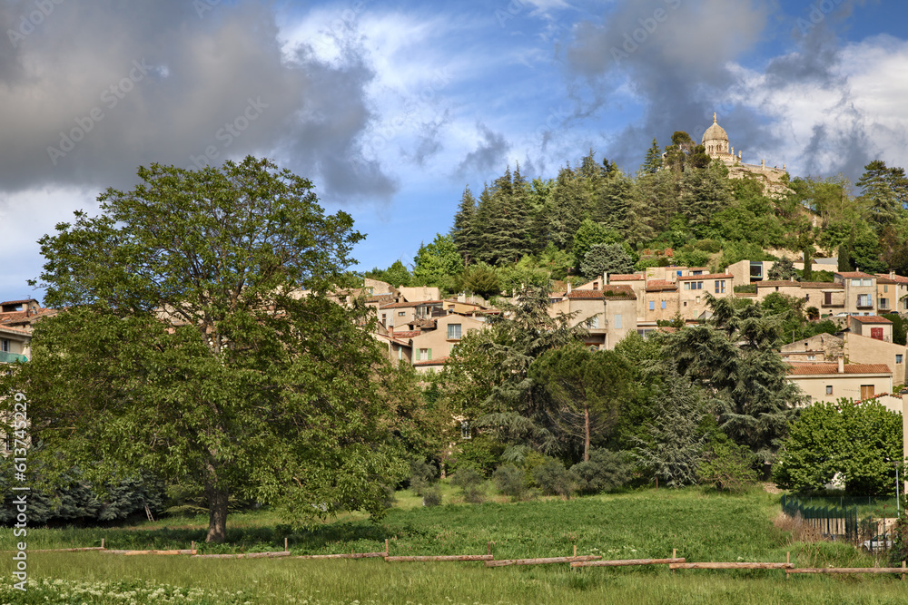 Forcalquier, Provence-Alpes-Cote d’Azur, France: landscape of the village with the ancient Citadelle on the hill