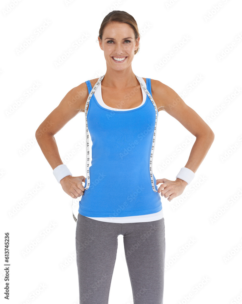 Portrait, exercise and woman with fitness, tape measure or model isolated on a transparent background. Female person, girl or athlete with progress, workout goal or target with png or checking health Portrait, exercise and woman with fitness, tape measure or model isolated on a transparent background. Female person, girl or athlete with progress, workout goal or target with png or checking health