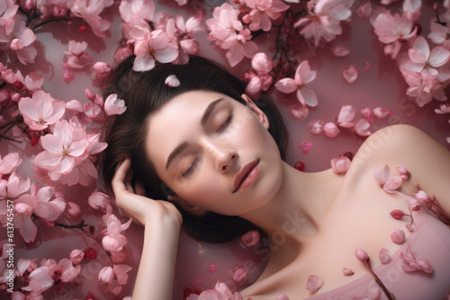 Beautiful woman with sakura flowers, Generative Ai 