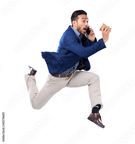 Canvastavla Phone call, late and a business man rush with coffee to appointment