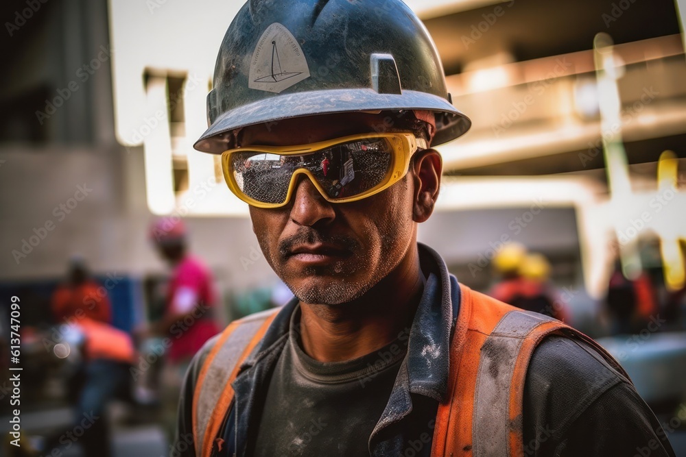 Portrait of Successful worker Wearing Hard Hat and Safety Vest Standing on a Commercial Building Construction Site Portrait of Successful worker Wearing Hard Hat and Safety Vest Standing on a Commercial Building Construction Site