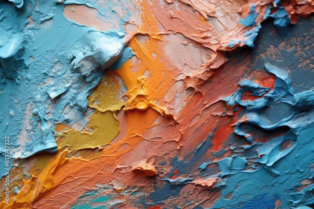 Texture of multicolored oil paint strokes on art canvas, top view. Close-up of strokes of thick paint. Blue, orange, brown pastel colors. Generative AI professional photo imitation.