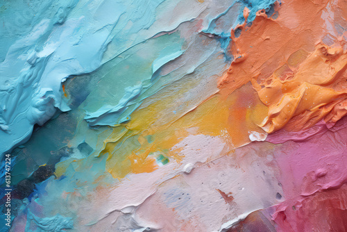 Texture of multicolored oil paint strokes on art canvas, top view. Close up of strokes of thick paint. Blue, orange, pink pastel colors. Generative AI professional photo imitation.