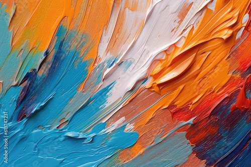 Texture of multicolored oil paint strokes on art canvas  top view. Close-up of strokes of thick paint. Blue  orange  red  white pastel colors. Generative AI professional photo imitation.