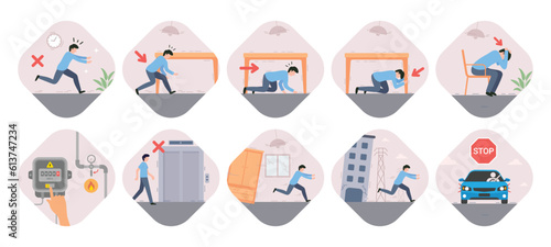 Leinwand Poster Set of Earthquake emergency safety rules and instruction vector illustration
