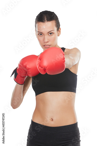 Portrait, fight or woman boxing, exercise or healthy athlete isolated against a transparent background. Female person, girl or boxer with energy, power or training for a competition, challenge or png © Harsh Shrikant/peopleimages.com