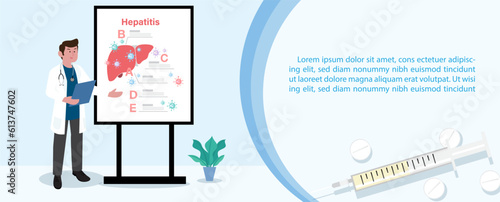 Doctor in cartoon character with information of hepatitis's board in clinic and example texts on abstract pattern and blue background. World hepatitis day's poster campaign in flat style