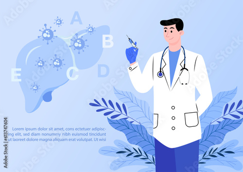 Concept of hepatitis A, B, C, D, and world hepatitis day campaign's poster with doctors treat the liver in flat style and banner vector design.