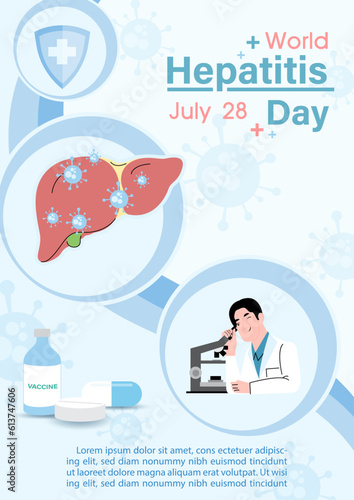 Concept of hepatitis A, B, C, D, and world hepatitis day poster campaign's information, example texts on blue background.