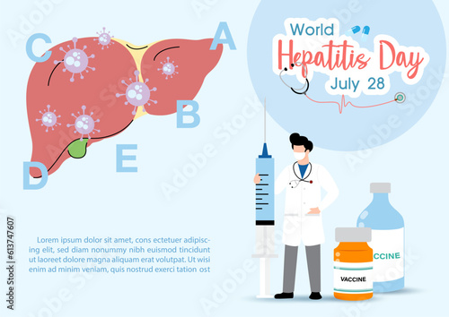 Concept of hepatitis A, B, C, D, and world hepatitis day campaign's poster with doctors treat the liver in flat style and banner vector design.