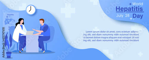 Doctor and patient in cartoon character in hepatitis's clinic and example texts on abstract pattern and blue background. World hepatitis day's poster campaign in vector design
