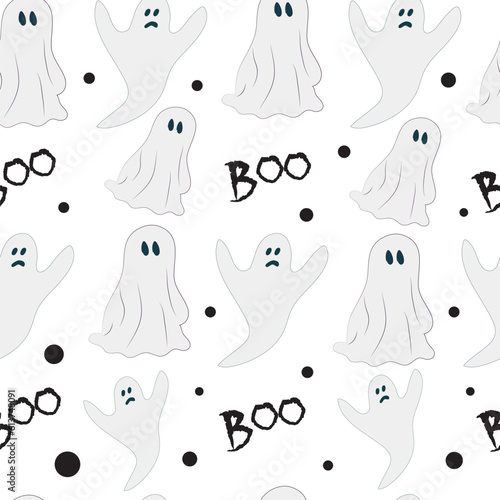 Seamless pattern with ghosts and the word Boo on a white background
