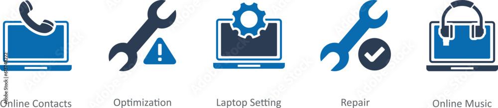 A set of 5 Contact icons as online contacts, optimization, laptop setting A set of 5 Contact icons as online contacts, optimization, laptop setting
