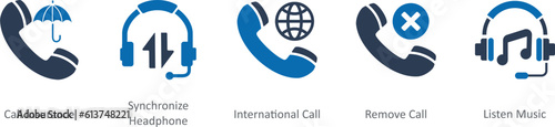A set of 5 Contact icons as call insurance, synchronize call, international call