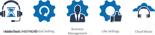 A set of 5 Contact icons as music time, global setting, business management,