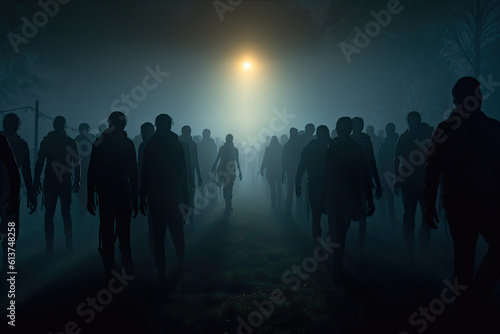 Silhouette of a horde of zombies sitting towards the camera out of the mist. Generative ai