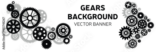 Minimal gears banner. Abstract techno background with gear wheels. Vector illustration of gear mechanism.