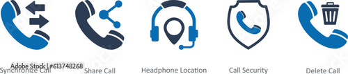 A set of 5 Contact icons as synchronize call, share call, headphone location