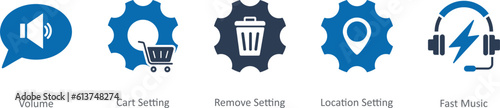 A set of 5 Contact icons as volume, cart settings, remove settings