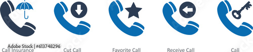 A set of 5 Contact icons as call insurance, cut call, favorite call