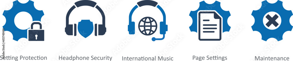 A set of 5 Contact icons as setting protection, headphone security, international music A set of 5 Contact icons as setting protection, headphone security, international music