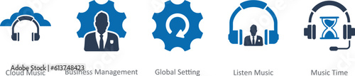 A set of 5 Contact icons as cloud music, business management, global setting