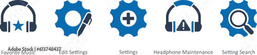 A set of 5 Contact icons as favorite music, edit settings, settings