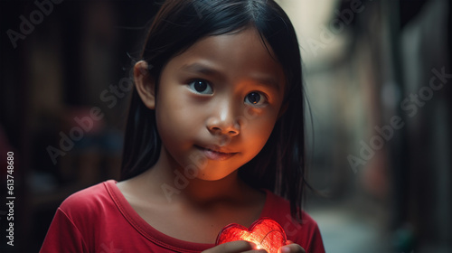 young cute little filipino girl with puppy eyes holding a red glowing heart in her hands