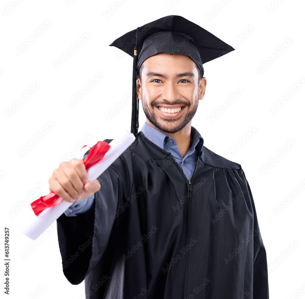 Portrait, certificate and graduation of Asian man isolated on a transparent png background. Smile, face or university student with diploma, graduate award or college success for education achievement Portrait, certificate and graduation of Asian man isolated on a transparent png background. Smile, face or university student with diploma, graduate award or college success for education achievement