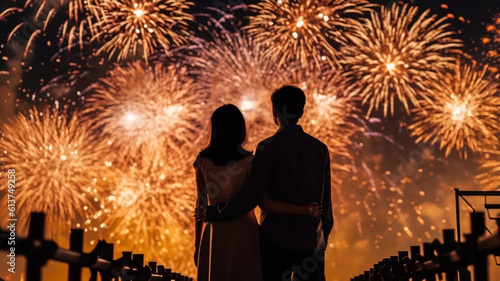 打ち上げ花火に見惚れる男女 Couple watching Fireworks. Created by generative AI