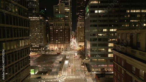 Epic Aerial Evening Shot of Market Street in Philadelphia During Super Bowl Weekend