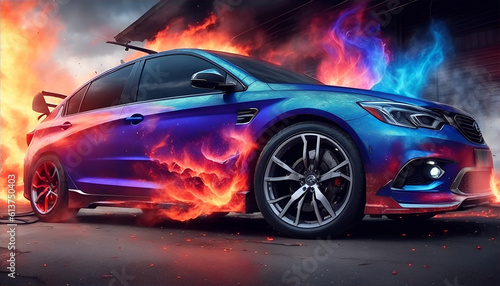 Aerography on car side colorful fire image banner. Generative AI