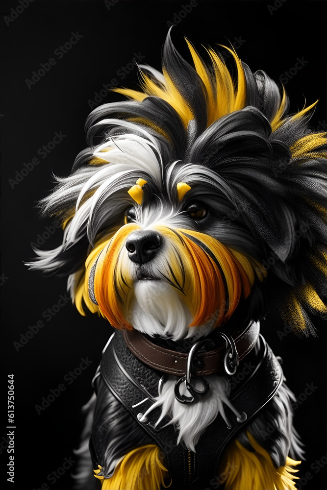 Havanese with a yellow mohawk on his head on a black background. Generative AI