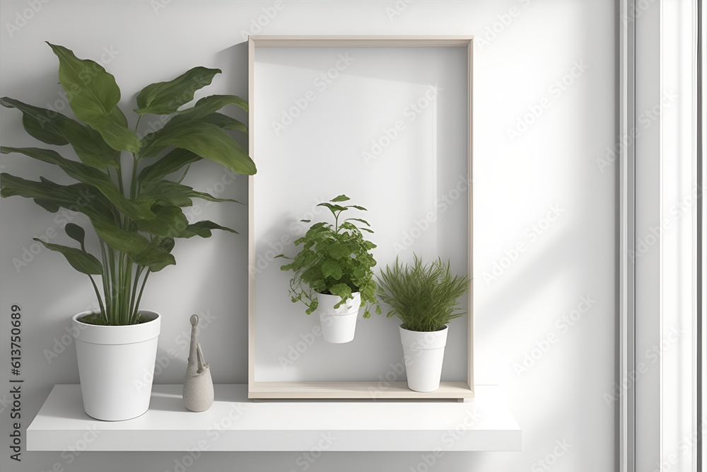 Rectangular vertical frame mockup in scandi style interior. Generative AI Rectangular vertical frame mockup in scandi style interior. Generative AI