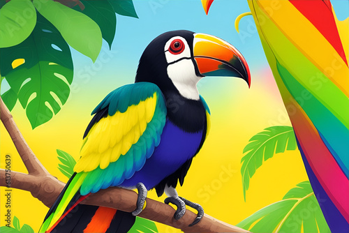 Rainbow toucan witting on the tree close up colorful. Generative AI