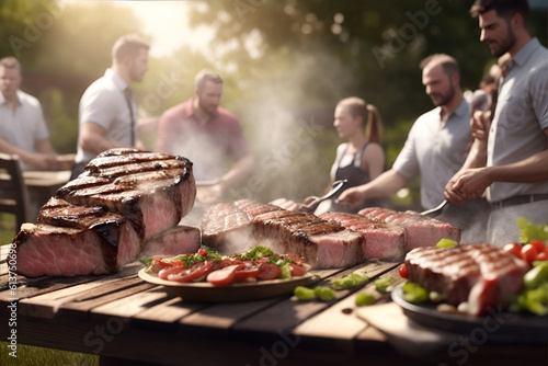 Steaks close up prepared on barbeque. Generative AI