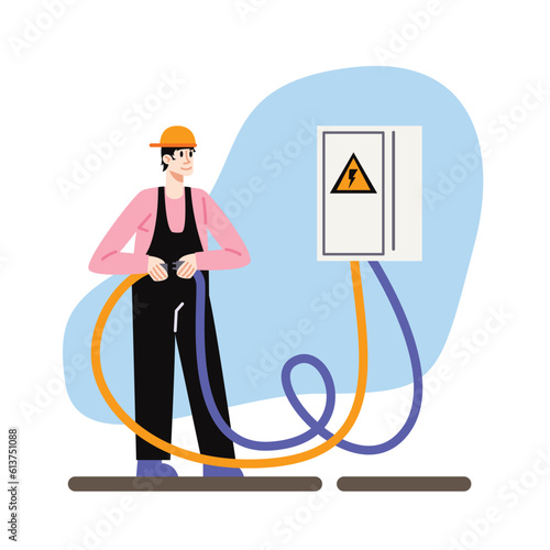 Professional man in protective helmet and uniform repairing electrics. Electrician standing near electrical panel, connecting wires, working in company. Vector flat illustration