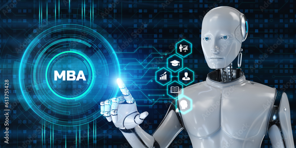 MBA Master business administration education. Robot pressing virtual button 3d render illustration. MBA Master business administration education. Robot pressing virtual button 3d render illustration.
