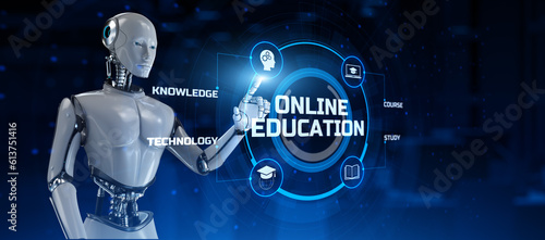 Online education e-learning concept. Robot pressing button on screen 3d render.