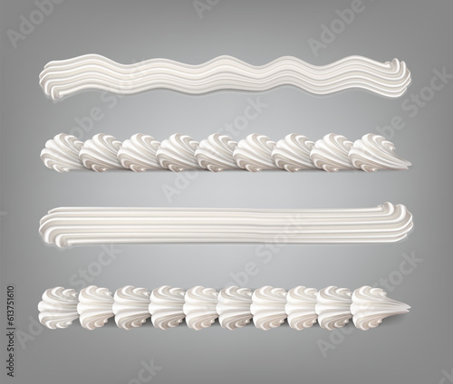 3d realistic vector icon set. Baker cream. Whiped cream border pattern from piping bag.