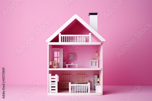 Foto Miniature model of a toy doll house isolated on a flat pink background with copy space