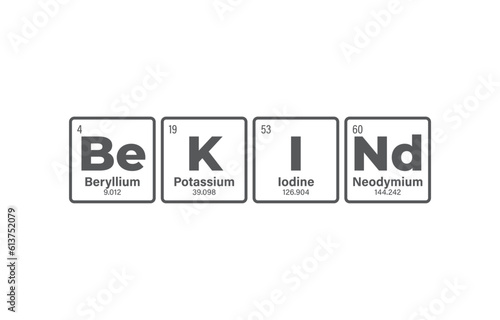 Vector inscription BE KIND composed of individual elements of the periodic table. Isolated on white background