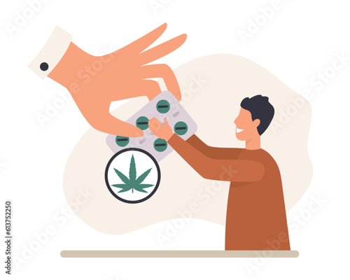 Cartoon smiling guy reaches for medical marijuana pills. Supporting legality of cannabis. Marijuana product cultivation. Socially progressive world. Vector